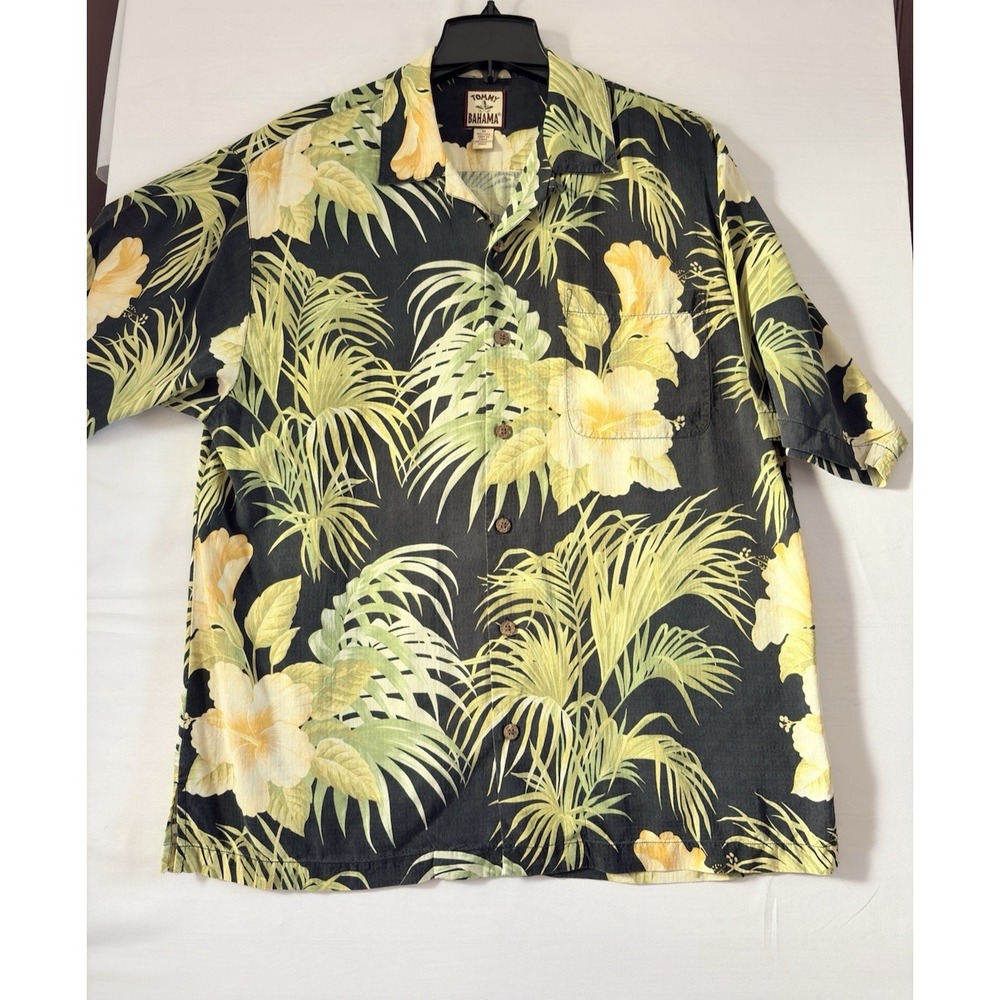Tommy Bahama Relax Mens Medium Black Silk Hibiscus Palm Tropical Camp Shirt